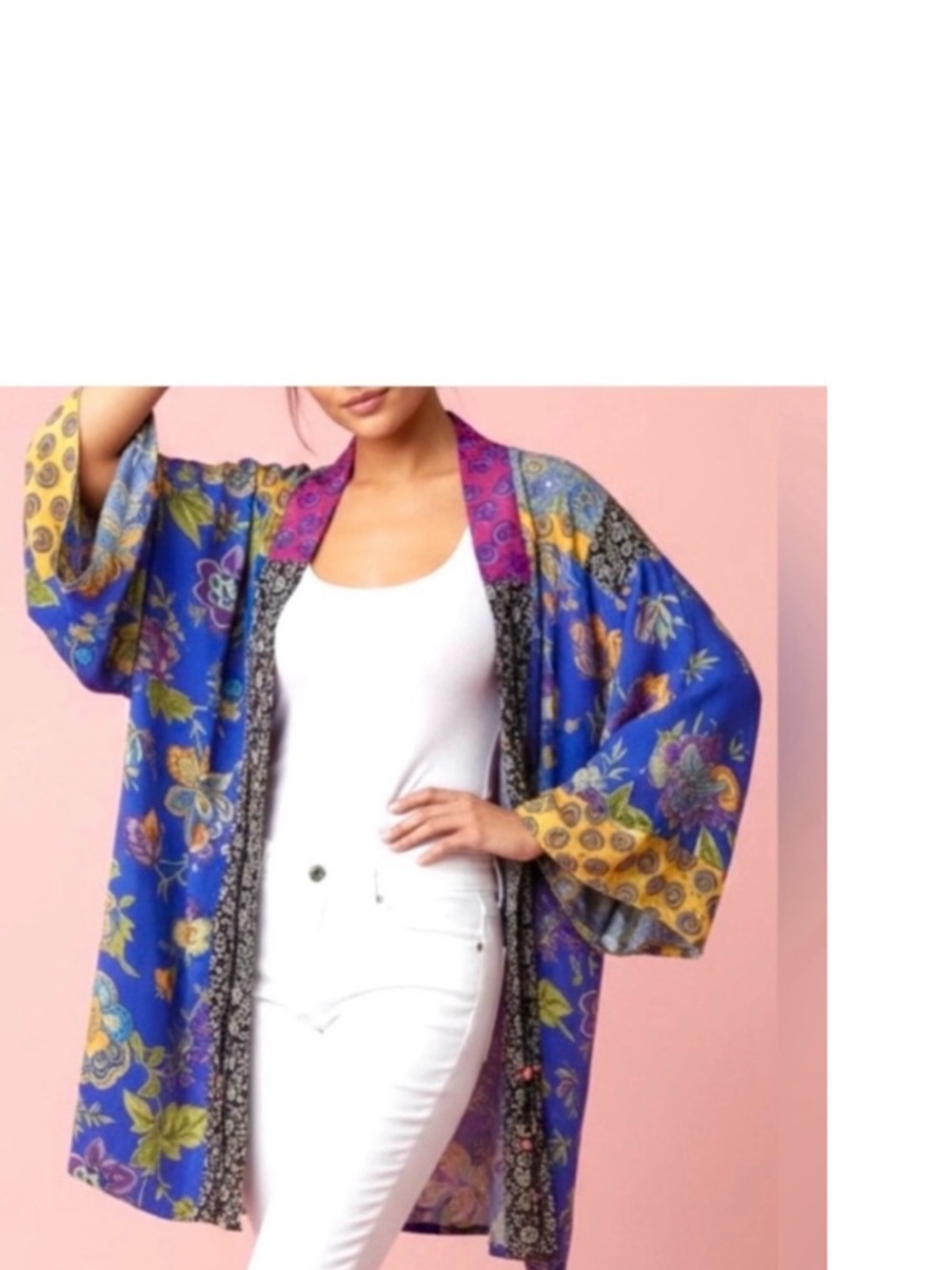 Vintage 90s Multicolored on Blue- True Patchwork Kimono Jacket - Carol Little